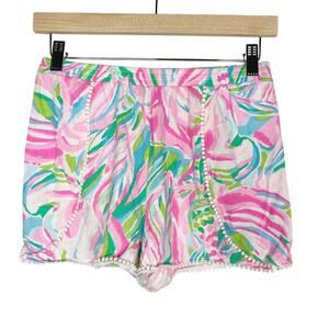 Lilly Pulitzer Girls XL 12-14 Pink Blue Green Pom Pom Cotton Pull On Shorts